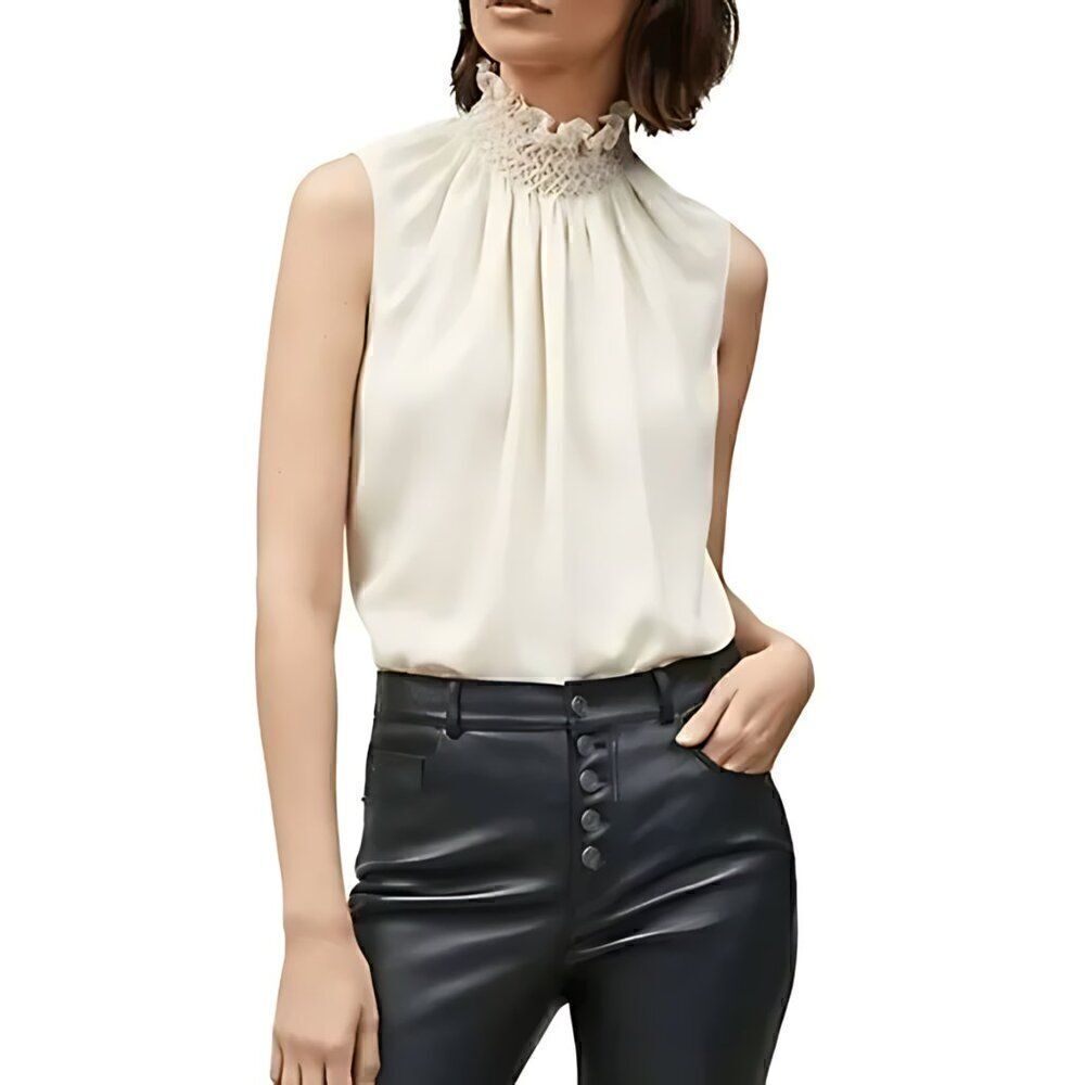 NWT Catherine Malandrino Smocked Mock Neck Sleeveless Malt Taupe Creme Top